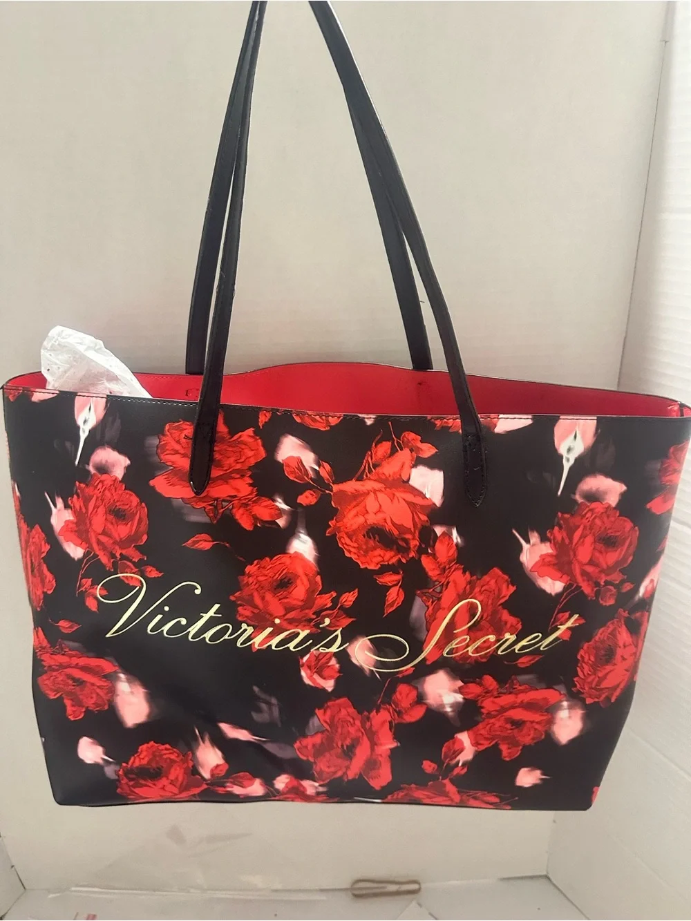 Women's Black Tote Bag with Red Floral Print